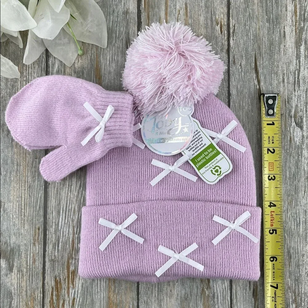Toby & Me Pink Knit Hat With Pom-Pom & Mittens